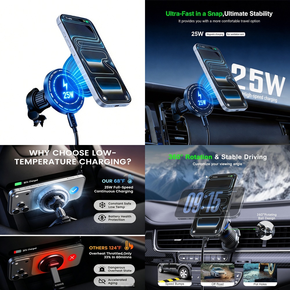 Phone Cooling Fan - 강력한 25W 자석 무선 차량용 충전기